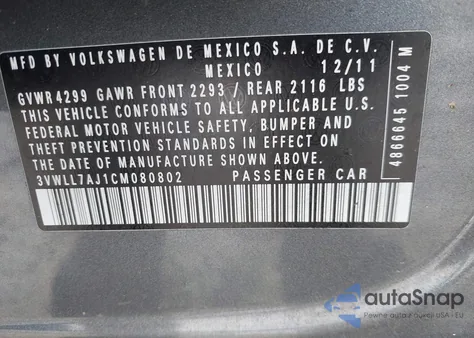 2012 Volkswagen Jetta 2.0L Tdi from USA, damaged, VIN 3VWLL7AJ1CM080802